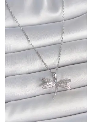 316L Çelik Gümüş Renk Zincir Zirkon Taşlı Yusufçuk Model Kadın Kolye