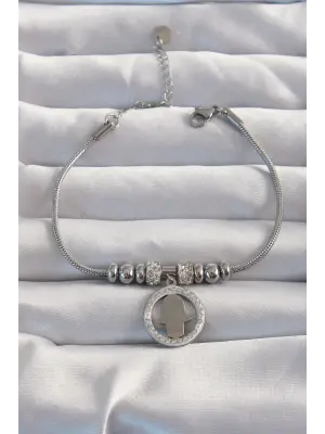 316L Çelik Gümüş Renk Zirkon Taş Aksesuarlı Fatma Ana Eli Bileklik