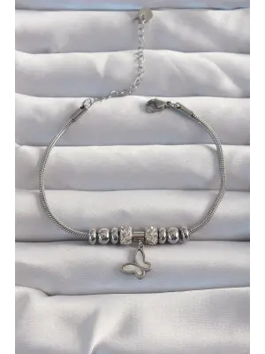 316L Çelik Gümüş Renk Zirkon Taş Aksesuarlı Sedefli Kelebek Bileklik