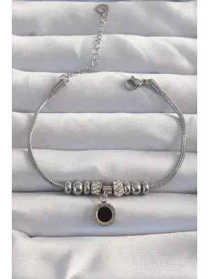 316L Çelik Gümüş Renk Zirkon Taş Aksesuarlı Siyah Mineli Cartier Bileklik