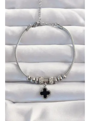 316L Çelik Gümüş Renk Zirkon Taş Aksesuarlı Siyah Mineli Yonca Bileklik