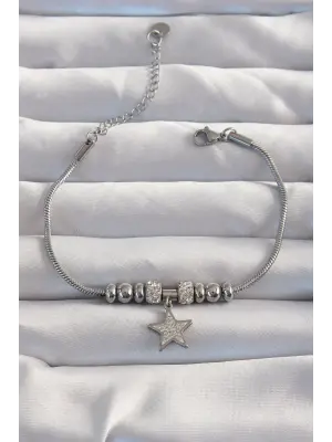 316L Çelik Gümüş Renk Zirkon Taş Aksesuarlı Yıldız Bileklik