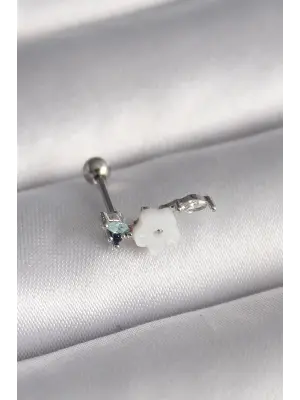 316L Çelik Gümüş Renk Zirkon Taş Detay Beyaz Çiçek Model Tragus Piercing