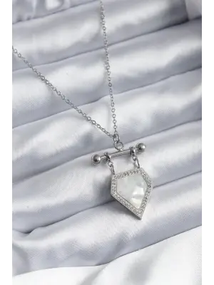  Gümüş  Zirkon Taş Detay  Çelik Kolye