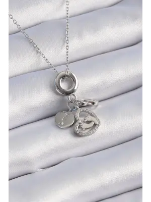  Gümüş  Zirkon Taş Detay Kalp Model Charm  Çelik Kolye