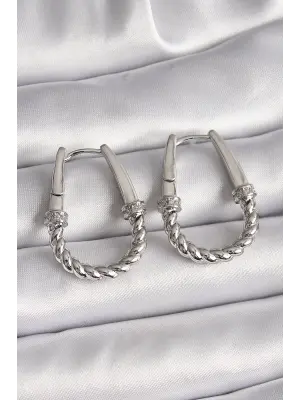   Gümüş Zirkon Taş Detaylı Burma Halka Model Çelik Küpe