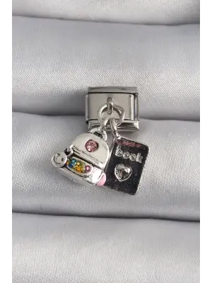 316L Çelik Gümüş Renk Zirkon Taş Detaylı Sırt Çantası Kitap Model Nomination Charm