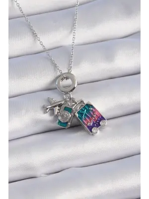  Gümüş  Zirkon Taş Detaylı Uçak Bavul Figür Charm Model  Çelik Kolye