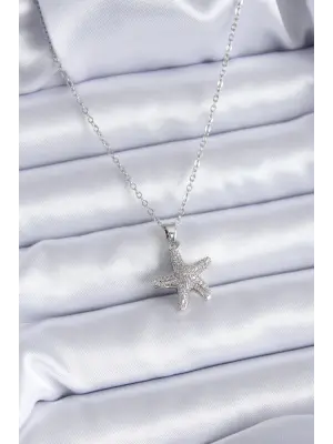  Gümüş  Zirkon Taşlı Açılabilen Deniz Yıldız Model  Çelik Kolye