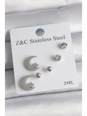   Gümüş Zirkon Taşlı Ay Yıldız Figür Çelik Küpe