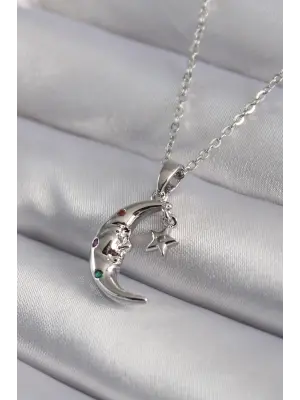  Gümüş  Zirkon Taşlı Ay Yıldız Model  Çelik Kolye