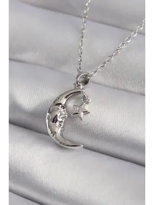  Gümüş  Zirkon Taşlı Ay Yıldız Model  Çelik Kolye