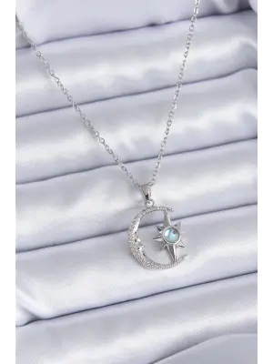  Gümüş  Zirkon Taşlı Ay Yıldız Model  Çelik Kolye