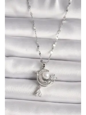  Gümüş  Zirkon Taşlı Ay Yıldız Sallantı Detay  Çelik Kolye