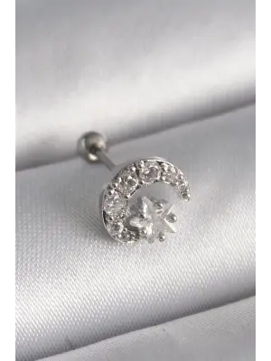 316L Çelik Gümüş Renk Zirkon Taşlı Ay Yıldız Tragus Piercing