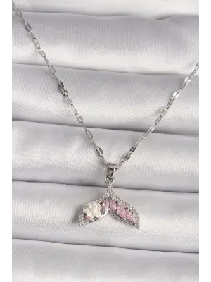  Gümüş  Zirkon Taşlı Balık Kuyruğu Model Çiçek Detay  Çelik Kolye