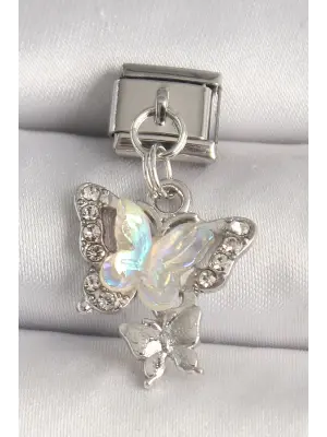 316L Çelik Gümüş Renk Zirkon Taşlı Beyaz Kelebek Model Nomination Charm