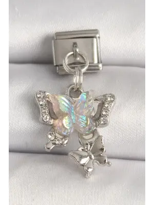 316L Çelik Gümüş Renk Zirkon Taşlı Beyaz Mineli Kelebek Model Kelebek Detay Nomination Charm