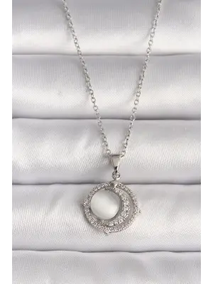  Gümüş  Zirkon Taşlı Beyaz Sedefli Hilal Model  Çelik Kolye