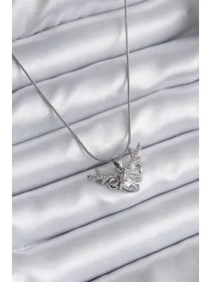  Gümüş  Zirkon Taşlı Boynuz Model  Çelik Kolye