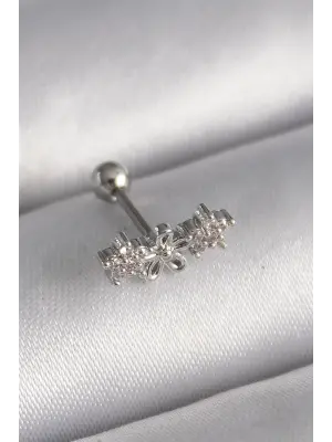 316L Çelik Gümüş Renk Zirkon Taşlı Çiçek Tragus Piercing