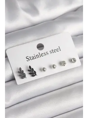   Gümüş Zirkon Taşlı Dal Model Topçuk Detay Çelik Küpe Seti