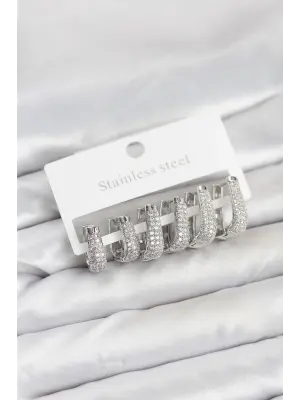 316L Çelik Gümüş Renk Zirkon Taşlı Damla Halka Küpe Seti