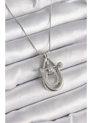  Gümüş  Zirkon Taşlı Damla Model  Çelik Kolye