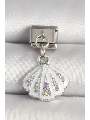 316L Çelik Gümüş Renk Zirkon Taşlı Deniz Kabuğu Model Nomination Charm