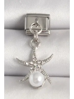 316L Çelik Gümüş Renk Zirkon Taşlı Deniz Yıldızı Model İnci Detay Nomination Charm