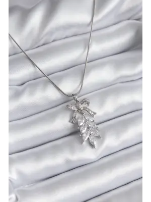  Gümüş  Zirkon Taşlı Fiyonk ve Başak Model  Çelik Kolye