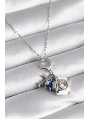  Gümüş  Zirkon Taşlı Fotoğraf Makinesi Uçak Dünya Figürlü  Çelik Kolye