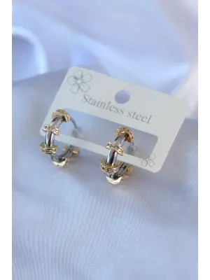 316L Çelik Gümüş Renk Zirkon Taşlı Gold Detay Halka Model Kadın Küpe