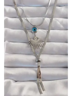  Gümüş  Zirkon Taşlı Göz Detay Nazarlı Uzun Asansör Model Çelik Kolye