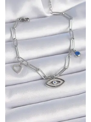 316L Çelik Gümüş Renk Zirkon Taşlı Göz Figür Kalp Detay Kadın Bileklik