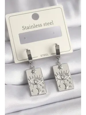   Gümüş Zirkon Taşlı Göz İşleme Detaylı Plaka Model Çelik Küpe