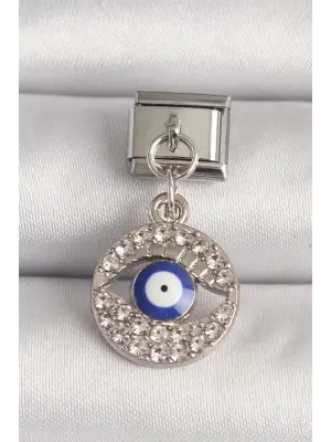 316L Çelik Gümüş Renk Zirkon Taşlı Göz Model Nazar Boncuk Detay Nomination Charm