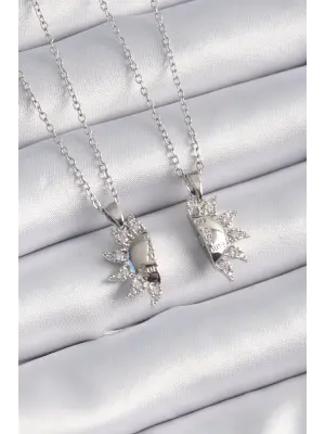  Gümüş  Zirkon Taşlı Güneş Model İşleme Yazı Detay Arkadaşlık Çelik Kolyesi