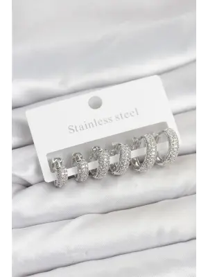316L Çelik Gümüş Renk Zirkon Taşlı Halka Küpe Seti