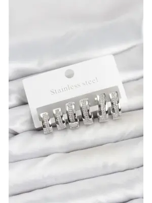 316L Çelik Gümüş Renk Zirkon Taşlı Halka Küpe Seti