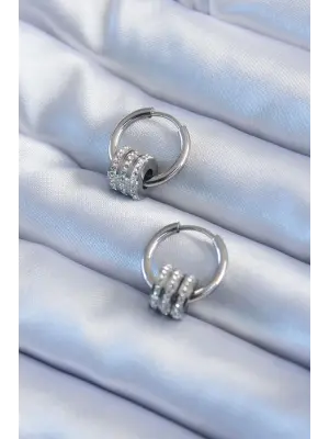 316L Çelik Gümüş Renk Zirkon Taşlı Halka Model Kadın Küpe