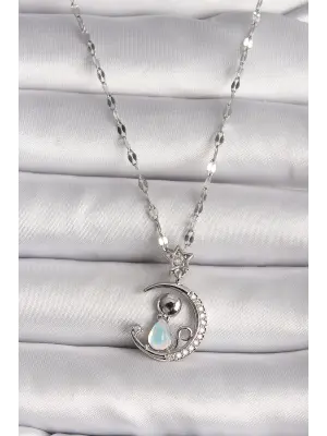  Gümüş  Zirkon Taşlı Hilal Mavi Sedefli Kedi Figür Yıldız Detay  Çelik Kolye