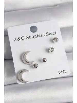   Gümüş Zirkon Taşlı Hilal Model Çelik Küpe Seti