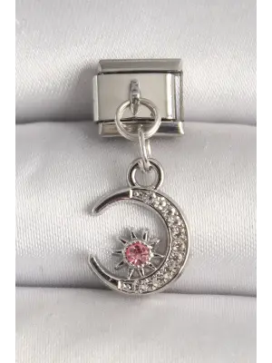 316L Çelik Gümüş Renk Zirkon Taşlı Hilal Model Nomination Charm