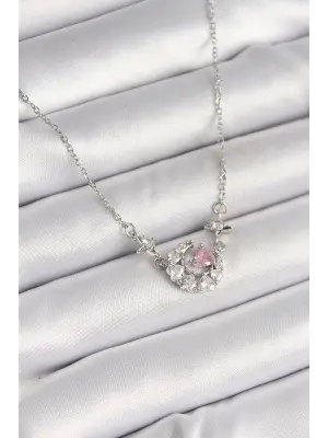 316L Çelik Gümüş Renk Zirkon Taşlı Hilal Pembe Kalp Model Kadın Kolye