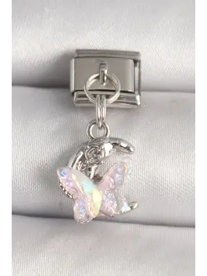 316L Çelik Gümüş Renk Zirkon Taşlı Hilal Pembe Mineli Kelebek Model Nomination Charm