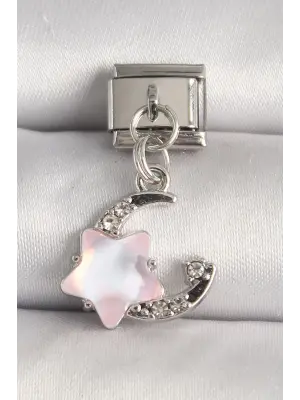 316L Çelik Gümüş Renk Zirkon Taşlı Hilal Pembe Mineli Yıldız Model Nomination Charm