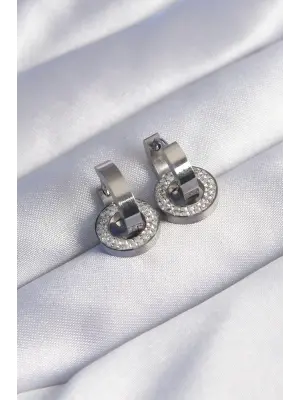   Gümüş Zirkon Taşlı İç İçe Geçmeli Oval Küpe