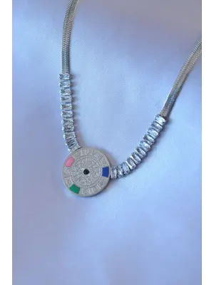  Gümüş  Zirkon Taşlı İtalyan Zincir Burç İşeleme Madalyon Model  Çelik Kolye