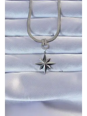  Gümüş  Zirkon Taşlı İtalyan Zincirli Kutup Yıldızı Çelik Kolye